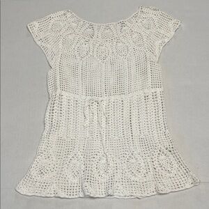 VINTAGE WHITE KNIT BEADED CROCHET CAP SLEEVE TOP WOMENS XS